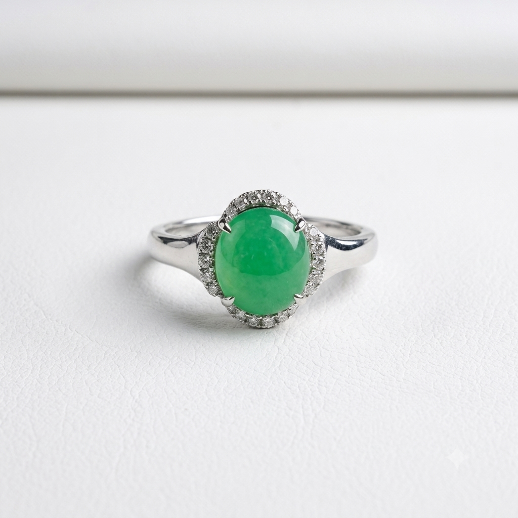 Green jade halo ring with diamonds in white gold